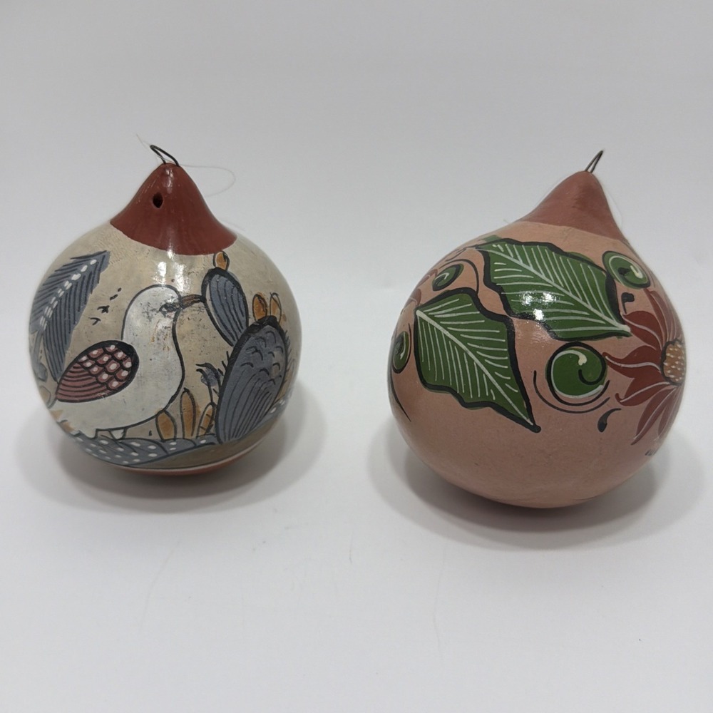 Tonala Mexican Folk Art Pottery Christmas Ornaments (2) Ball 2.5” Hand Painted